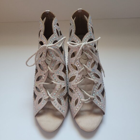 Joan Boyce Cutout Suede Lace-Up Heels With Rhinestones Size 10M - Picture 3 of 8